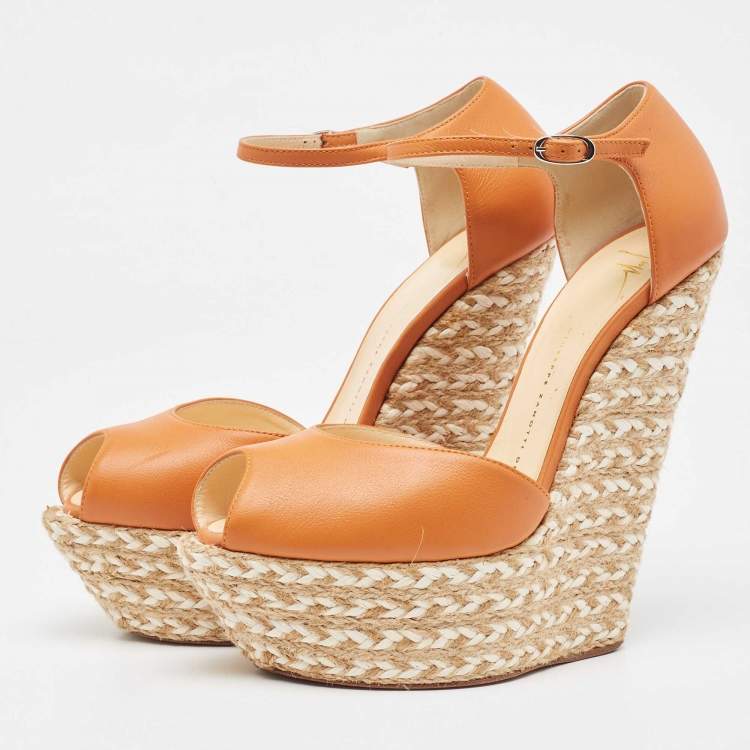 Pre Owned Giuseppe Zanotti Orange Leather Espadrille Wedge Ankle Strap Sandals Size 39