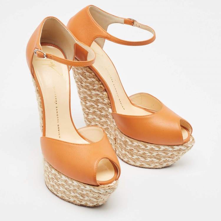 Pre Owned Giuseppe Zanotti Orange Leather Espadrille Wedge Ankle Strap Sandals Size 39