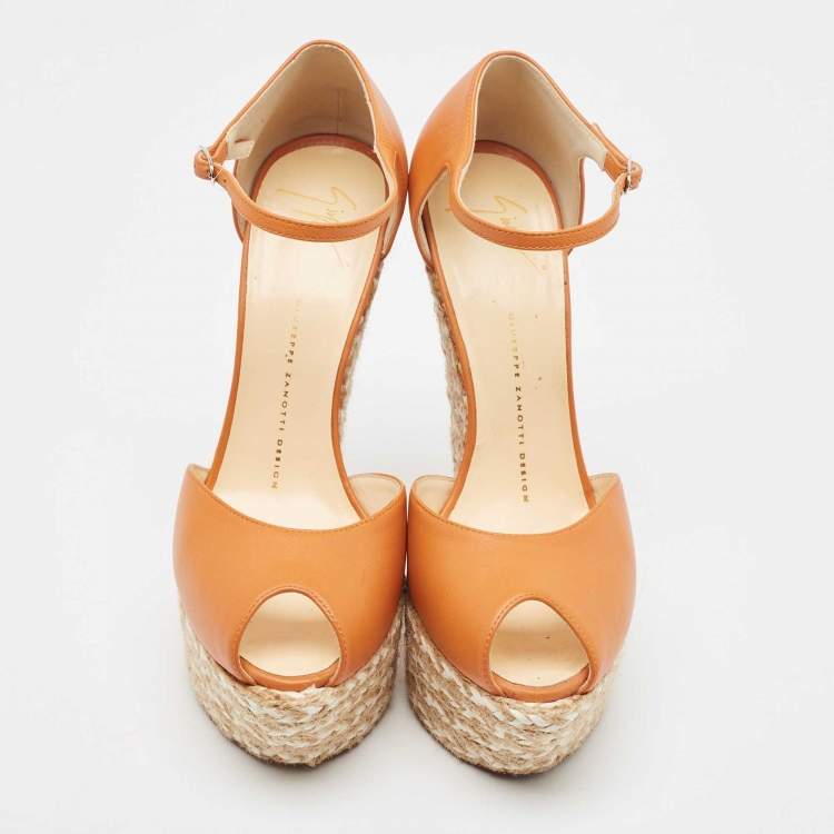 Pre Owned Giuseppe Zanotti Orange Leather Espadrille Wedge Ankle Strap Sandals Size 39