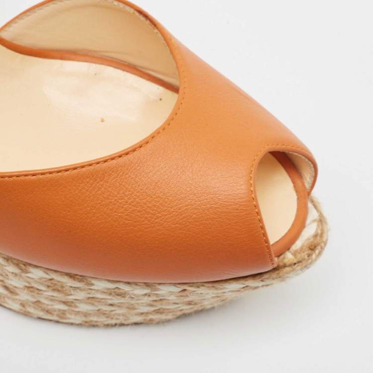 Pre Owned Giuseppe Zanotti Orange Leather Espadrille Wedge Ankle Strap Sandals Size 39