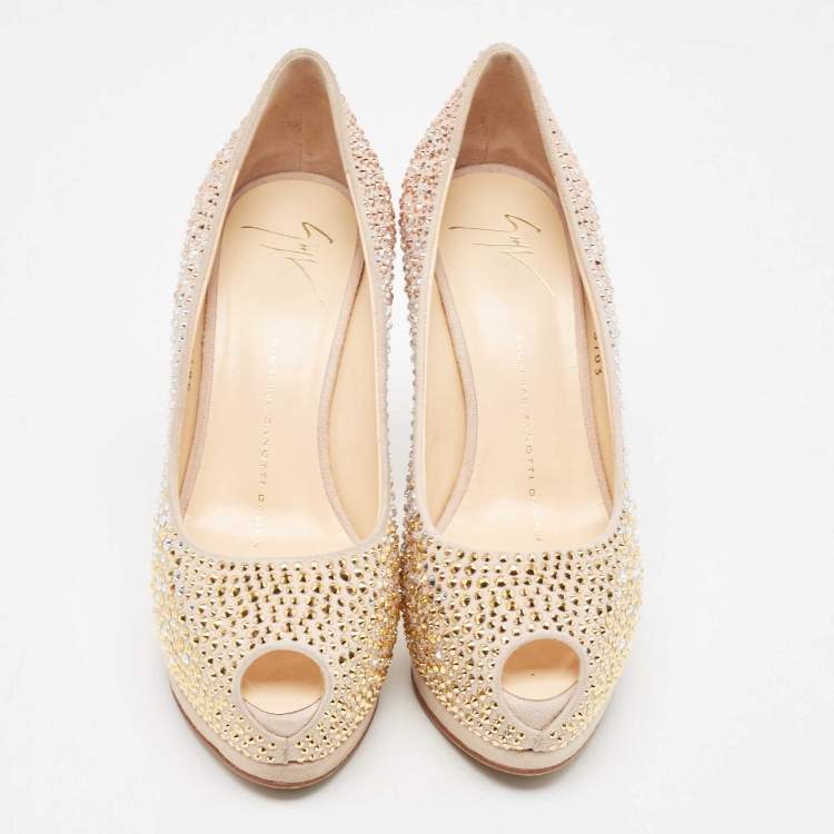 Pre Owned Giuseppe Zanotti Beige Suede Crystal Embellished Peep Toe Platform Pumps Size 36