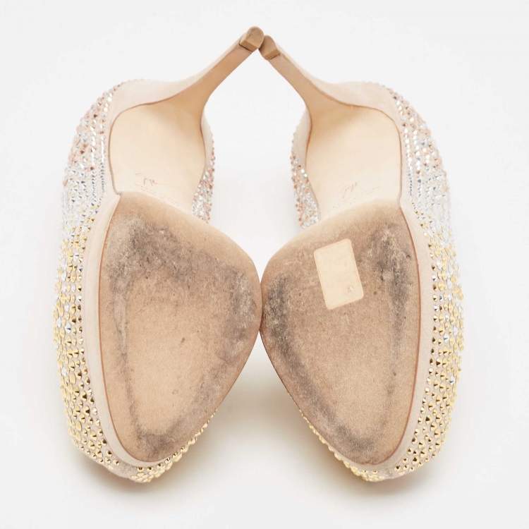 Pre Owned Giuseppe Zanotti Beige Suede Crystal Embellished Peep Toe Platform Pumps Size 36
