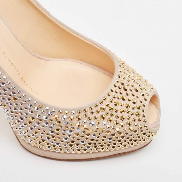 Pre Owned Giuseppe Zanotti Beige Suede Crystal Embellished Peep Toe Platform Pumps Size 36