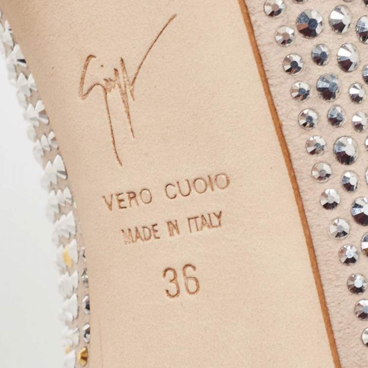 Pre Owned Giuseppe Zanotti Beige Suede Crystal Embellished Peep Toe Platform Pumps Size 36