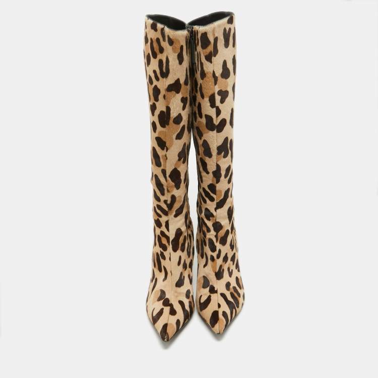 Pre Owned Giuseppe Zanotti Beige/Brown Calf Hair Knee Length Boots Size 38.5