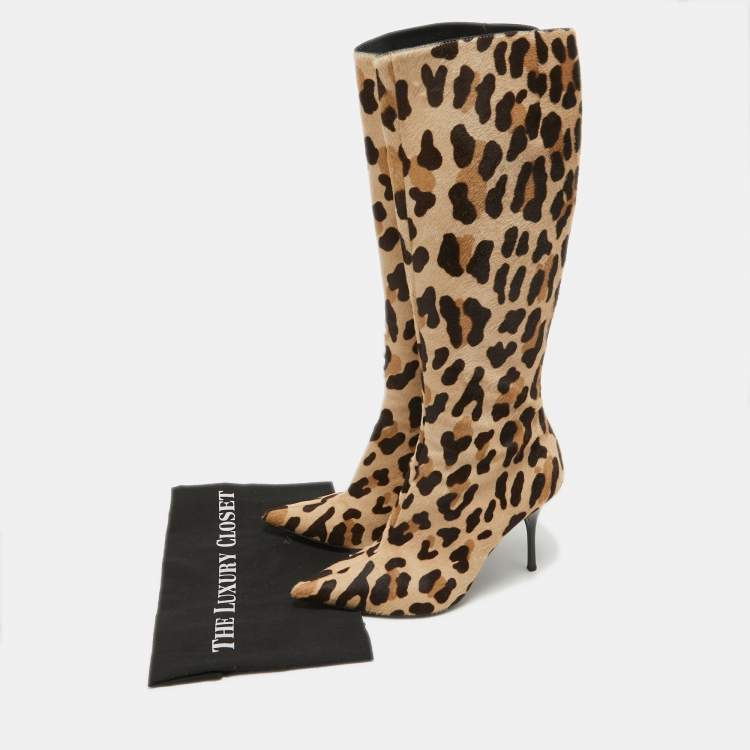 Pre Owned Giuseppe Zanotti Beige/Brown Calf Hair Knee Length Boots Size 38.5