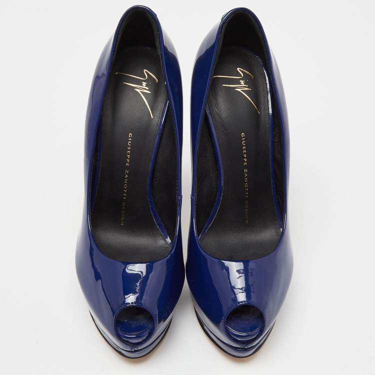 Pre Owned Giuseppe Zanotti Blue Patent Leather Peep Toe Platform Pumps Size 37.5