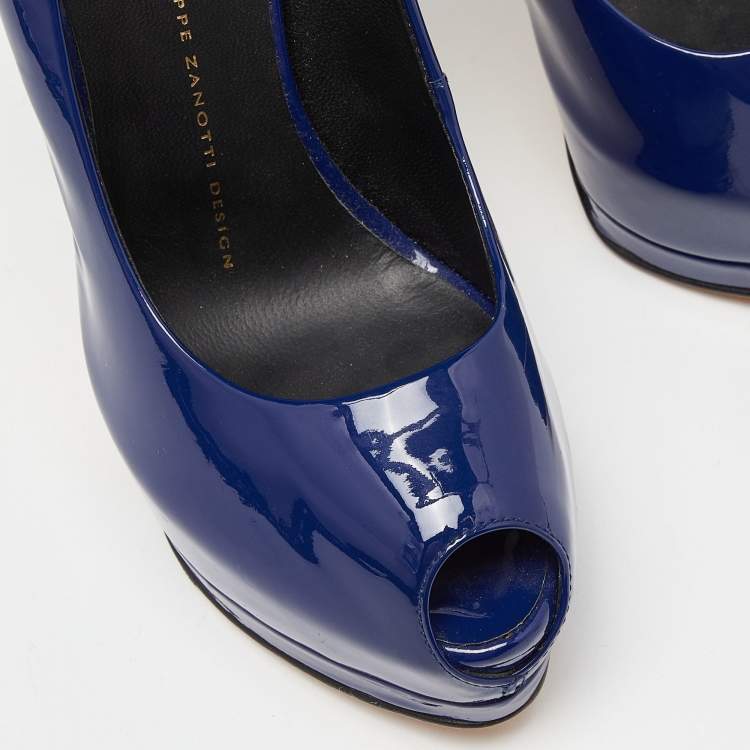 Pre Owned Giuseppe Zanotti Blue Patent Leather Peep Toe Platform Pumps Size 37.5