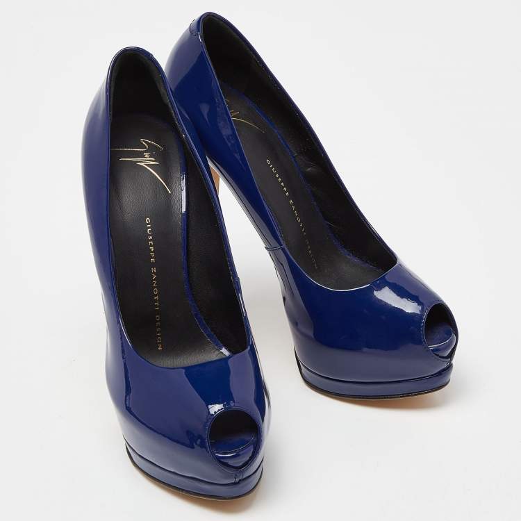 Pre Owned Giuseppe Zanotti Blue Patent Leather Peep Toe Platform Pumps Size 37.5