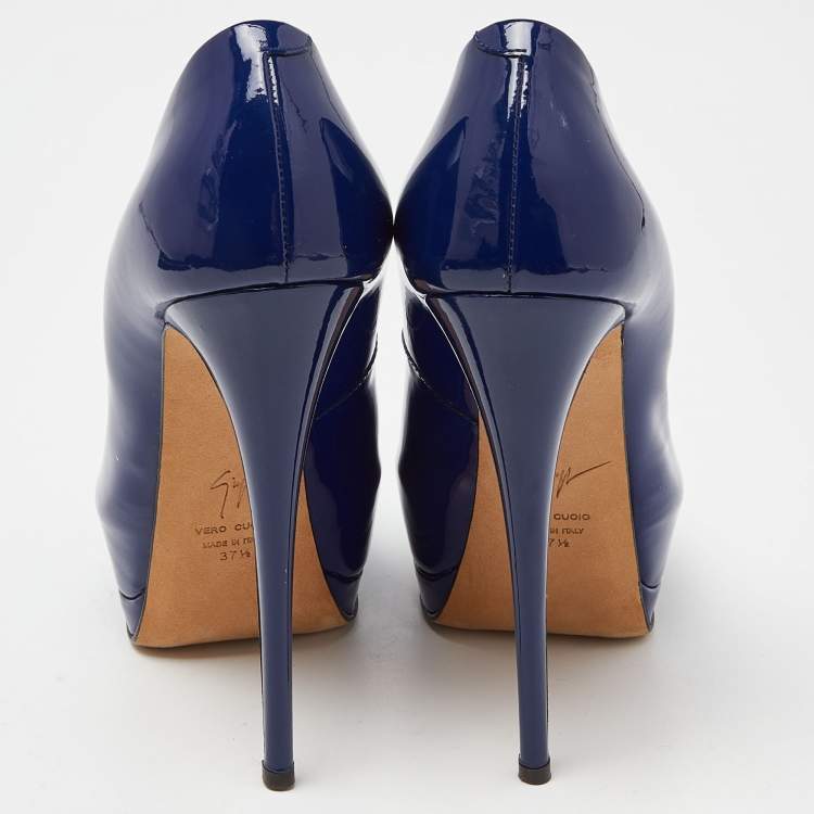 Pre Owned Giuseppe Zanotti Blue Patent Leather Peep Toe Platform Pumps Size 37.5