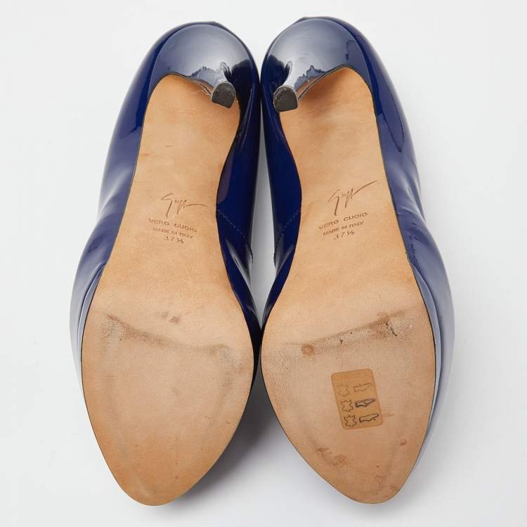 Pre Owned Giuseppe Zanotti Blue Patent Leather Peep Toe Platform Pumps Size 37.5