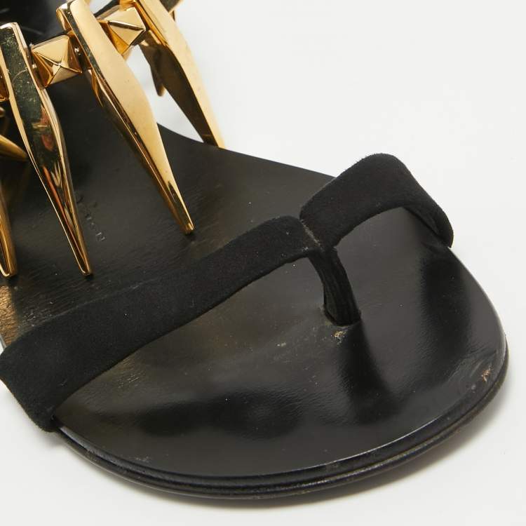 Pre Owned Giuseppe Zanotti Black Suede Zak Spike Ankle Strap Flat Sandals Size 37.5