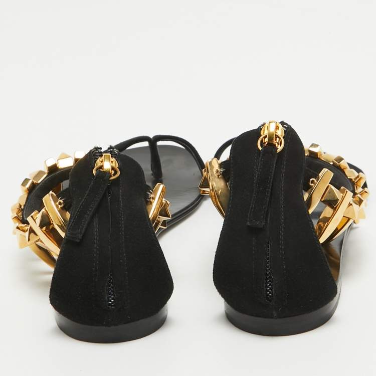 Pre Owned Giuseppe Zanotti Black Suede Zak Spike Ankle Strap Flat Sandals Size 37.5