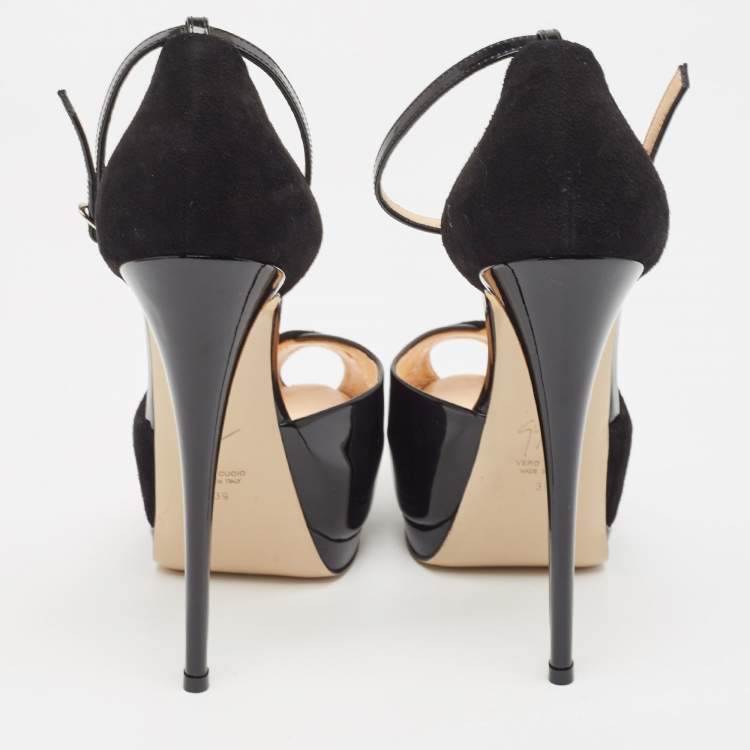 Pre Owned Giuseppe Zanotti Black Suede and Patent Peep Toe Ankle Strap Sandals Size 39