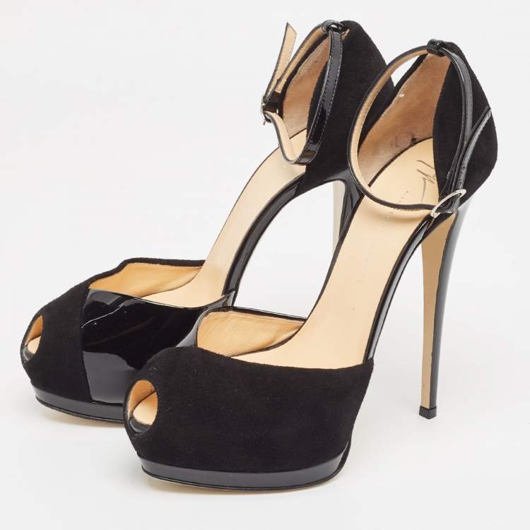 Pre Owned Giuseppe Zanotti Black Suede and Patent Peep Toe Ankle Strap Sandals Size 39