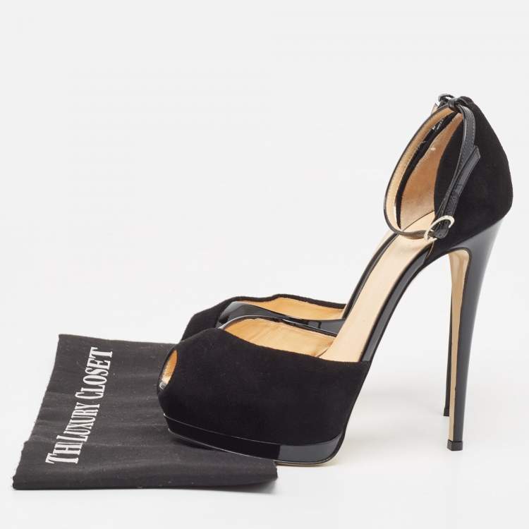 Pre Owned Giuseppe Zanotti Black Suede and Patent Peep Toe Ankle Strap Sandals Size 39