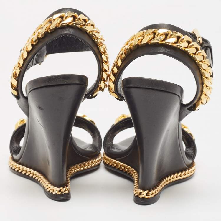 Pre Owned Giuseppe Zanotti Black Leather Chain Link Detail Wedge Ankle Strap Sandals Size 38