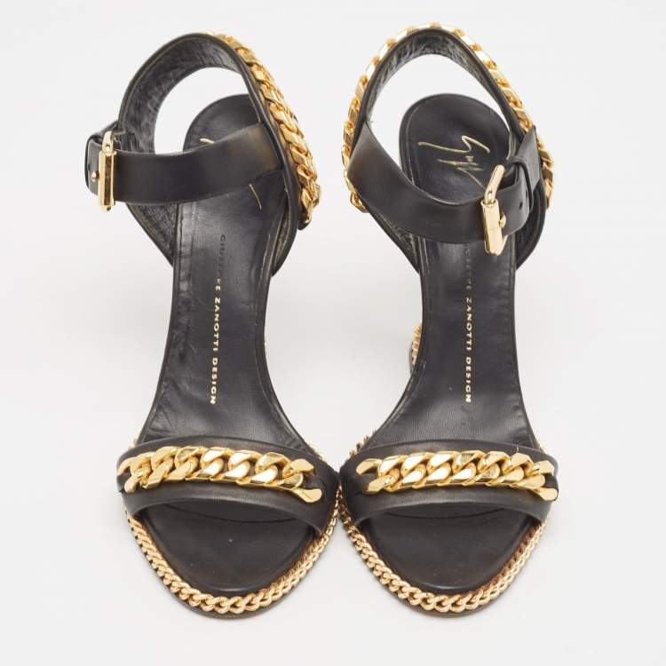Pre Owned Giuseppe Zanotti Black Leather Chain Link Detail Wedge Ankle Strap Sandals Size 38