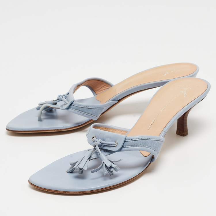 Pre Owned Giuseppe Zanotti Light Blue Leather Tassel Thong Side Sandals Size 40