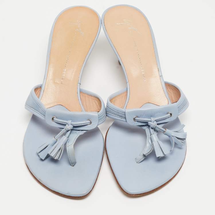 Pre Owned Giuseppe Zanotti Light Blue Leather Tassel Thong Side Sandals Size 40