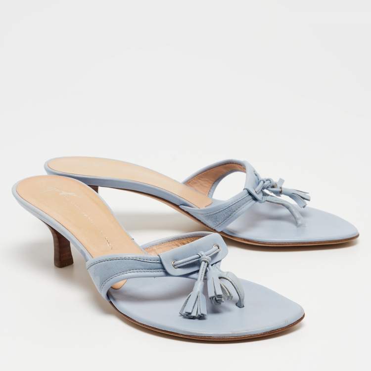 Pre Owned Giuseppe Zanotti Light Blue Leather Tassel Thong Side Sandals Size 40