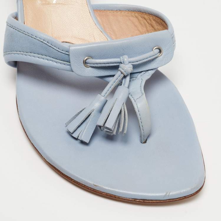 Pre Owned Giuseppe Zanotti Light Blue Leather Tassel Thong Side Sandals Size 40