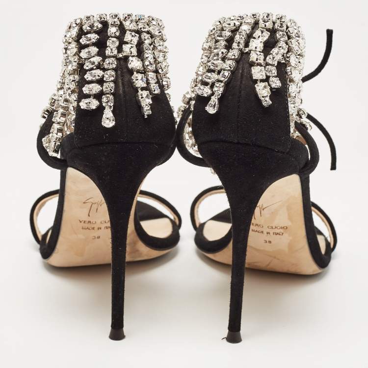 Pre Owned Giuseppe Zanotti Black Suede Crystal Embellished Ankle Tie Sandals Size 38
