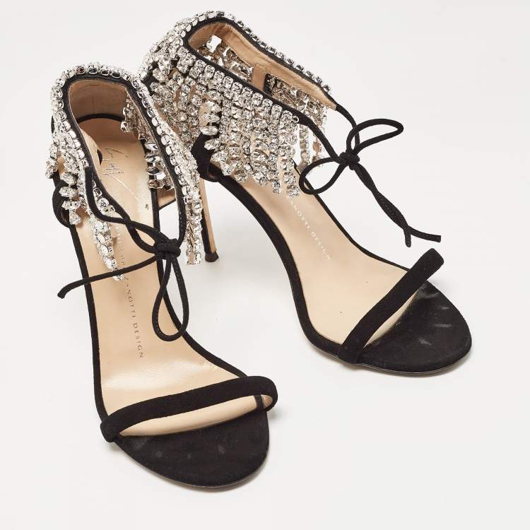 Pre Owned Giuseppe Zanotti Black Suede Crystal Embellished Ankle Tie Sandals Size 38