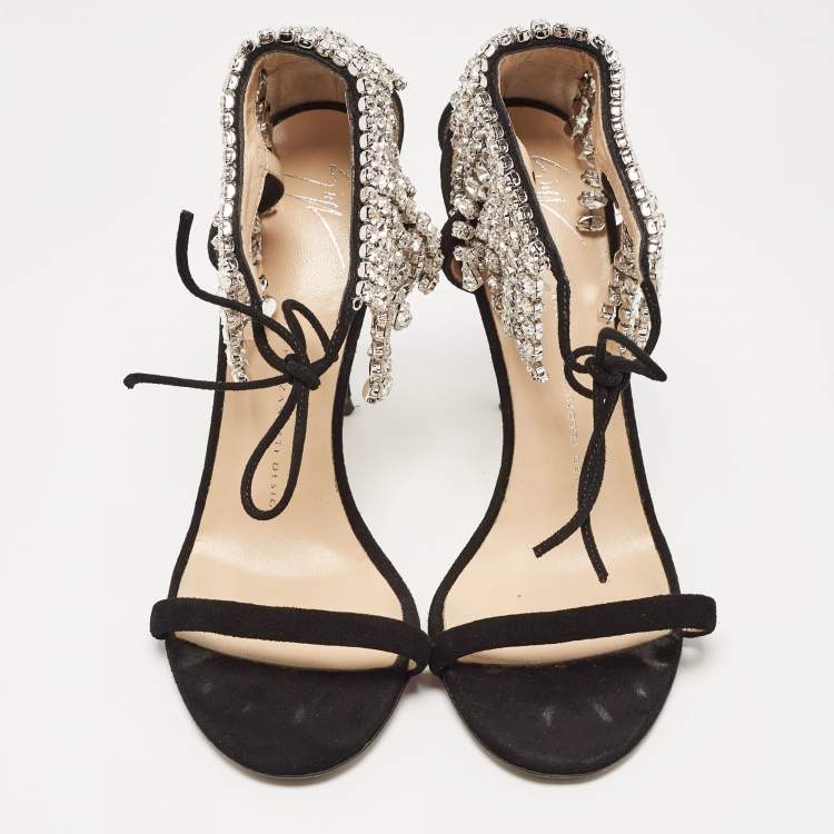 Pre Owned Giuseppe Zanotti Black Suede Crystal Embellished Ankle Tie Sandals Size 38