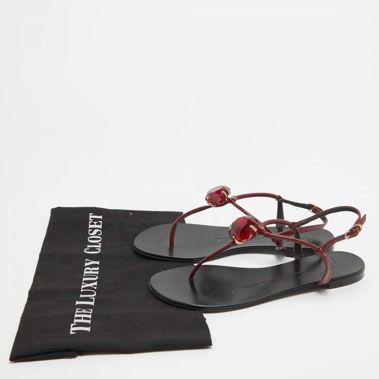 Pre Owned Giuseppe Zanotti Burgundy Patent Leather Crystal Embellished Thong Flat Sandals Size 37