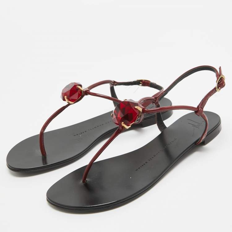 Pre Owned Giuseppe Zanotti Burgundy Patent Leather Crystal Embellished Thong Flat Sandals Size 37