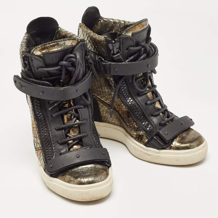 Pre Owned Giuseppe Zanotti Metallic Python Embossed Wedge Sneakers Size 38