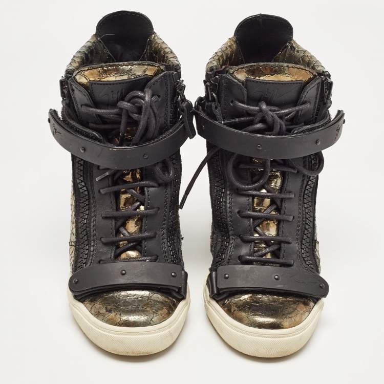 Pre Owned Giuseppe Zanotti Metallic Python Embossed Wedge Sneakers Size 38