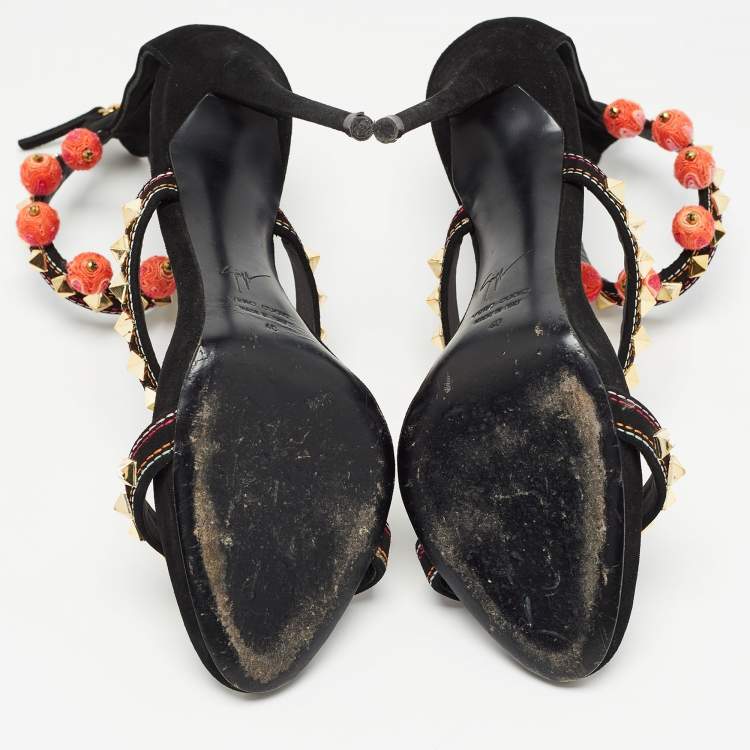 Pre Owned Giuseppe Zanotti Black Suede Ankle Embellished Ankle Strap Sandals Size 40