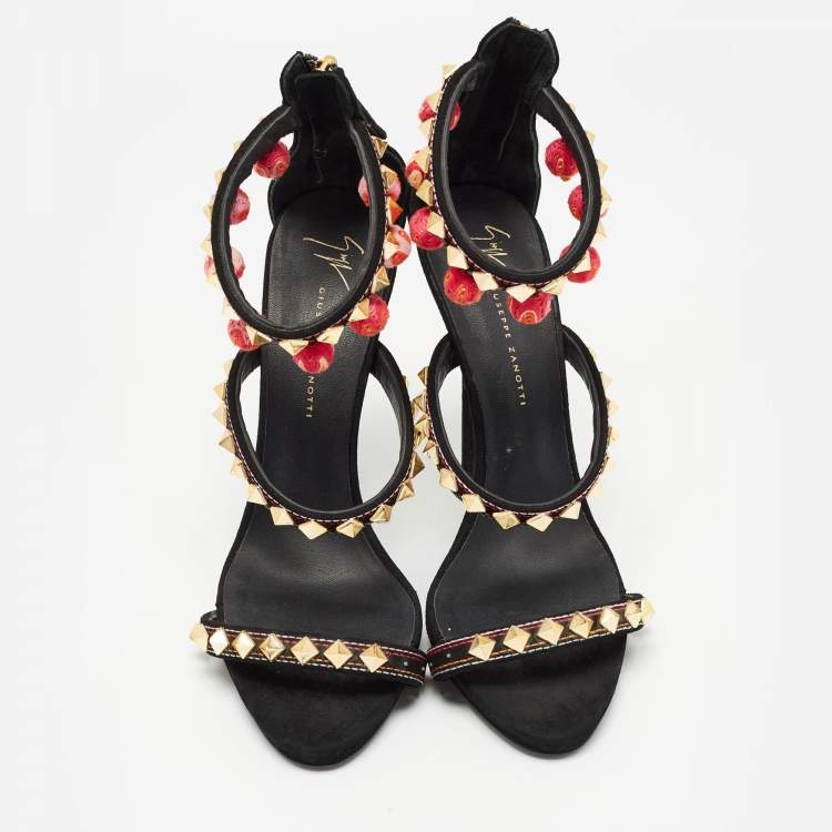 Pre Owned Giuseppe Zanotti Black Suede Ankle Embellished Ankle Strap Sandals Size 40