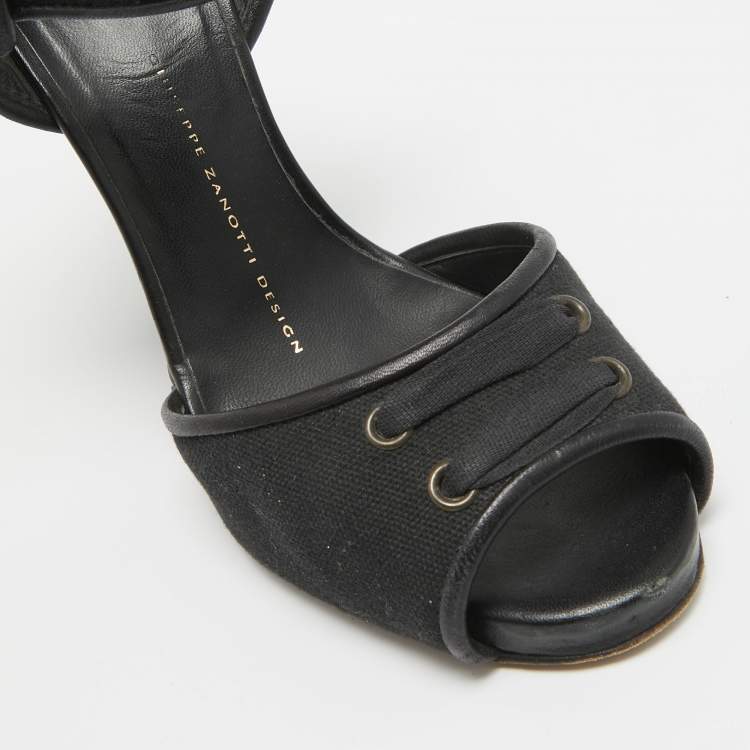 Pre Owned Giuseppe Zanotti Black Canvas Camo Wedge Ankle Strap Sandals Size 37