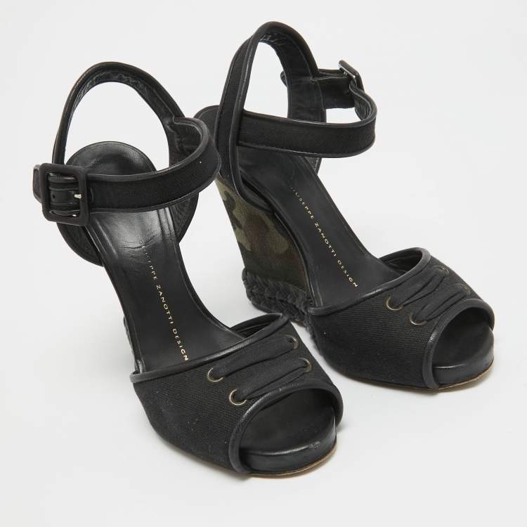 Pre Owned Giuseppe Zanotti Black Canvas Camo Wedge Ankle Strap Sandals Size 37