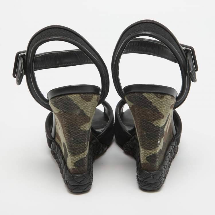 Pre Owned Giuseppe Zanotti Black Canvas Camo Wedge Ankle Strap Sandals Size 37
