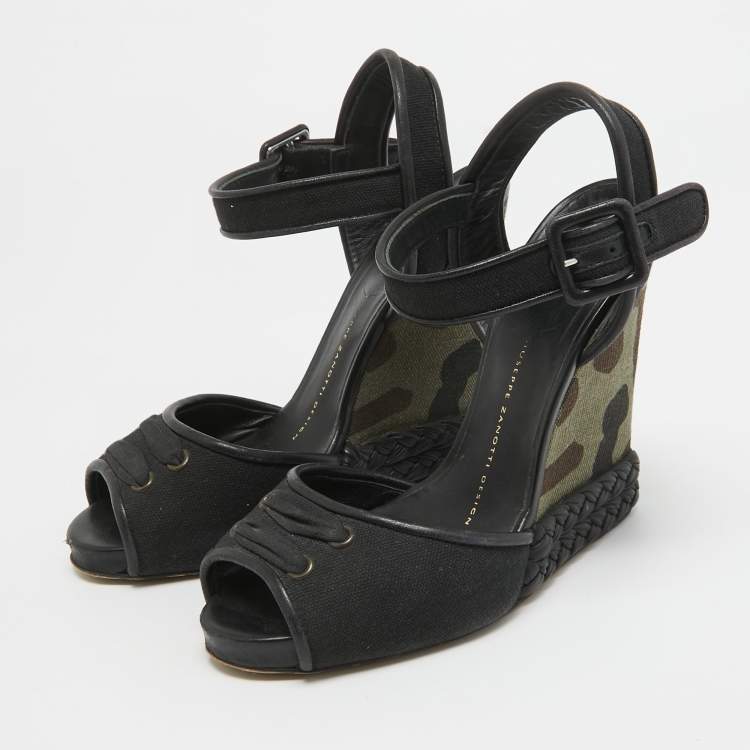 Pre Owned Giuseppe Zanotti Black Canvas Camo Wedge Ankle Strap Sandals Size 37