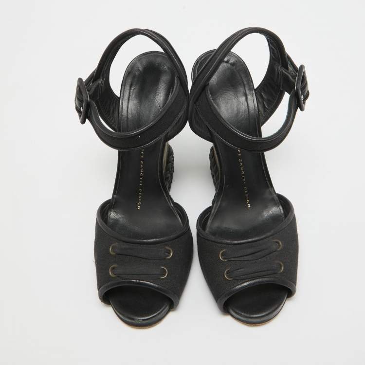 Pre Owned Giuseppe Zanotti Black Canvas Camo Wedge Ankle Strap Sandals Size 37