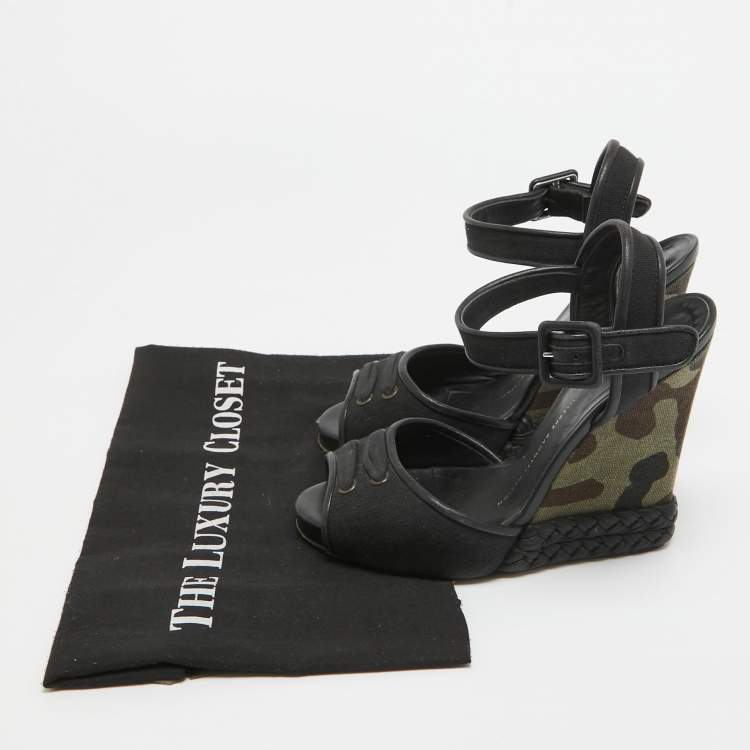 Pre Owned Giuseppe Zanotti Black Canvas Camo Wedge Ankle Strap Sandals Size 37