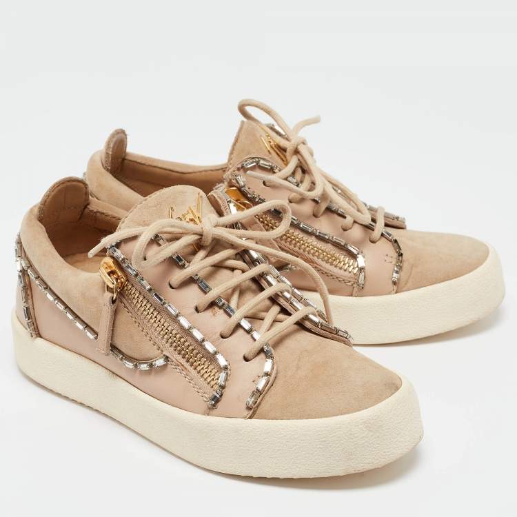 Pre Owned Gisueppe Zanotti Beige Nubuck and Leather Double Zip Low Top Sneakers Size 36
