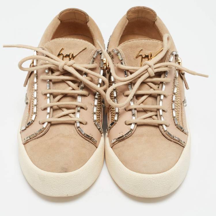 Pre Owned Gisueppe Zanotti Beige Nubuck and Leather Double Zip Low Top Sneakers Size 36