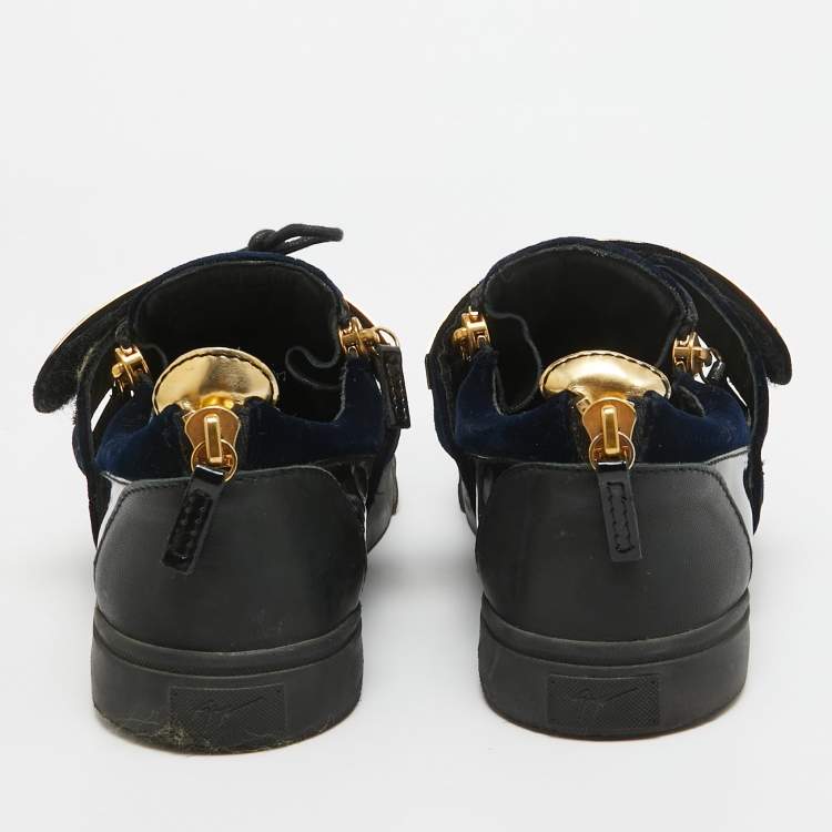 Pre Owned Giuseppe Zanotti Blue/Black Velvet And Patent Leather Double Zipper Low Top Sneakers Size 42