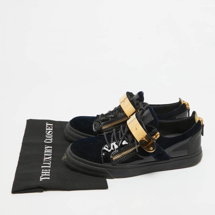 Pre Owned Giuseppe Zanotti Blue/Black Velvet And Patent Leather Double Zipper Low Top Sneakers Size 42
