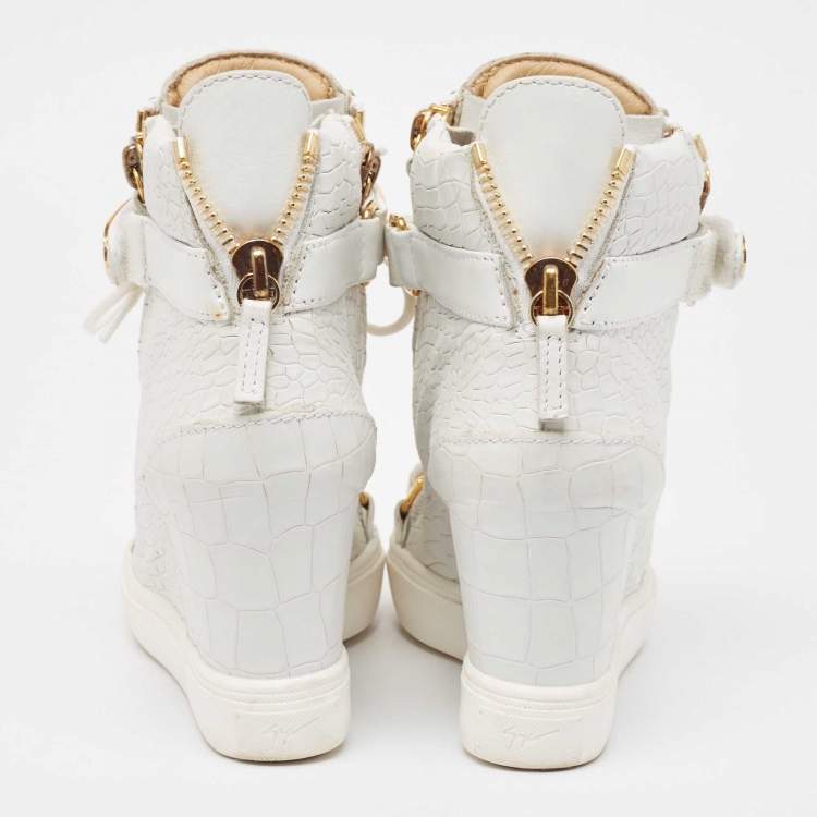Pre Owned Giuseppe Zanotti White Croc Embossed Leather Wedge High Top Sneakers Size 36