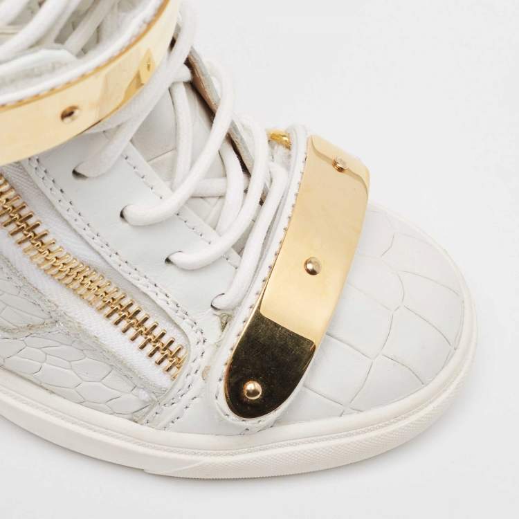 Pre Owned Giuseppe Zanotti White Croc Embossed Leather Wedge High Top Sneakers Size 36