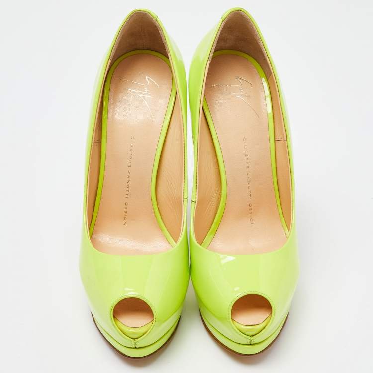 Pre Owned Giuseppe Zanotti Neon Green Patent Leather Sharon Peep Toe Pumps Size 39