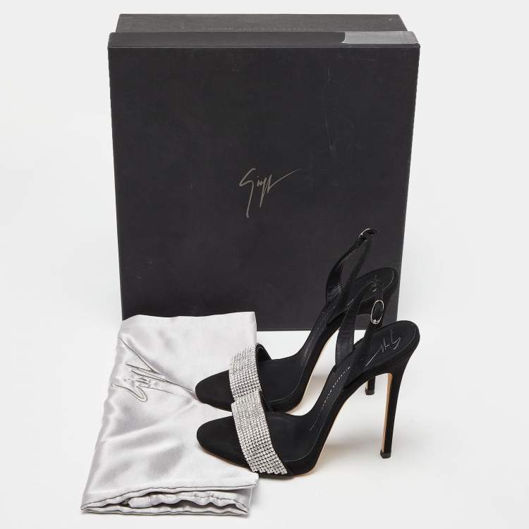 Pre Owned Giuseppe Zanotti Black Suede Crystal Embellished Ankle Strap Sandals Size 37