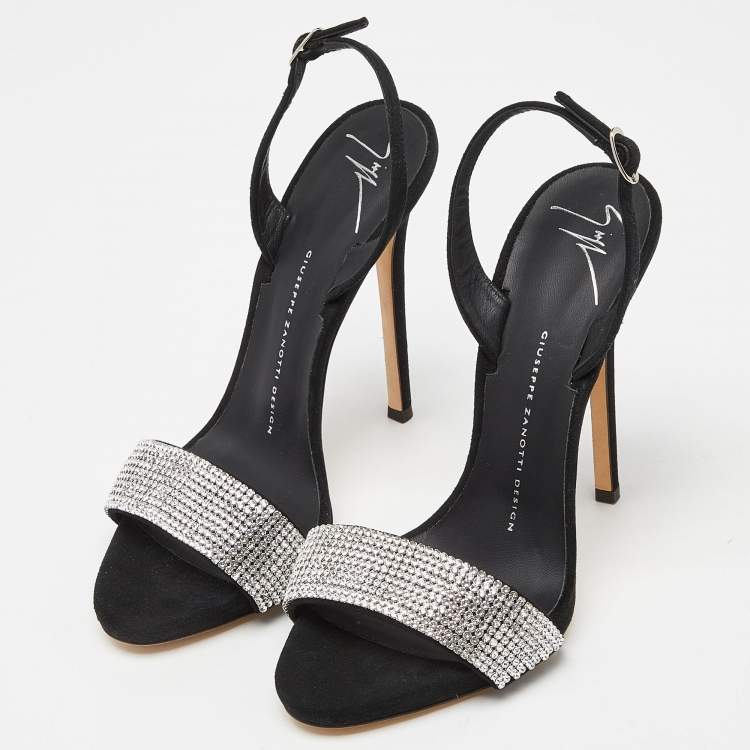 Pre Owned Giuseppe Zanotti Black Suede Crystal Embellished Ankle Strap Sandals Size 37